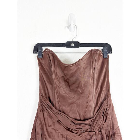 Zara Brown TopStitch Strapless Satin Draped Mini Dress Size Large Corset Bustier - Picture 4 of 15